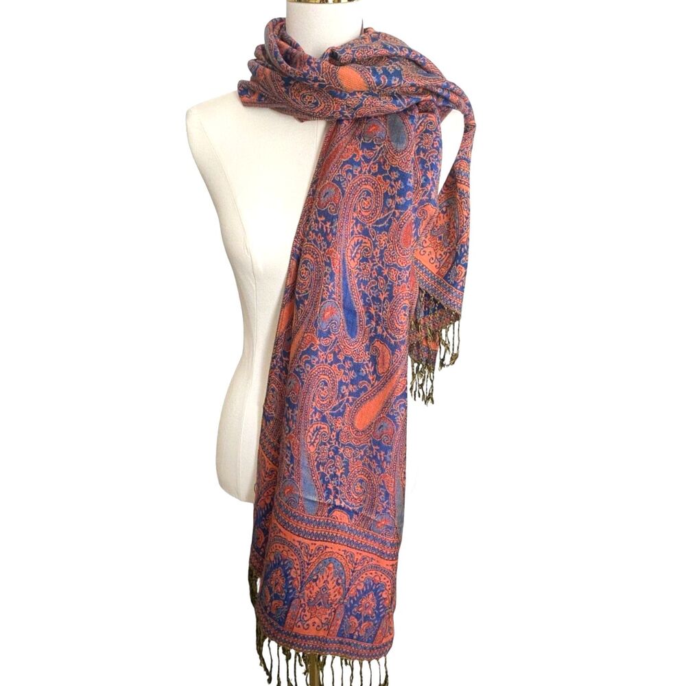 VTG 100% Cashmere Pashmina Paisley Scarf Orange Blue Wrap Shawl Two Sided 80x28 - Picture 7 of 7